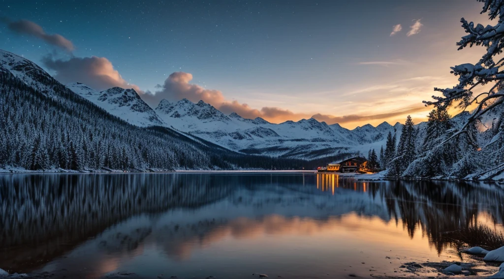 a cozy fishing village nestled beneath snow-capped mountains,vibrant green aurora borealis reflecting in calm fjord,winter night,starry sky,photorealistic,8k,detailed landscape,dramatic lighting,serene atmosphere,picturesque scenery,cinematic composition,beautiful natural environment,christmas theme,snowy mountains,northern lights,moody atmosphere,realistic water reflections,intricate details,warm colors,glowing lights,dramatic clouds,magical realism