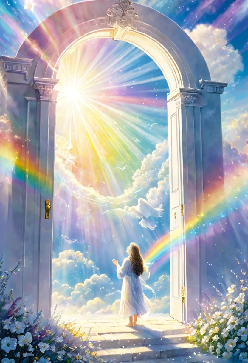 Angels praying in heaven, the sky is surrounded by white light, and the door of memory opens. rainbow