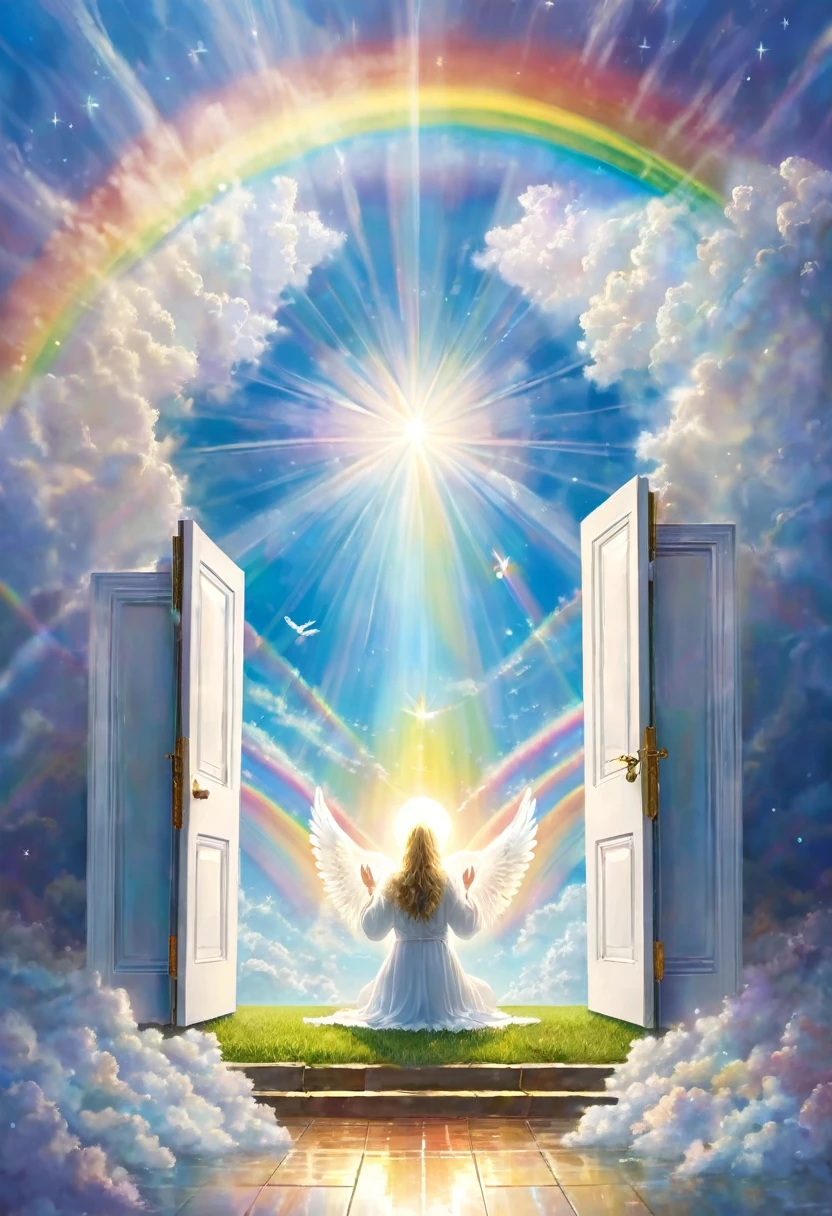 Angels praying in heaven, the sky is surrounded by white light, and the door of memory opens. rainbow