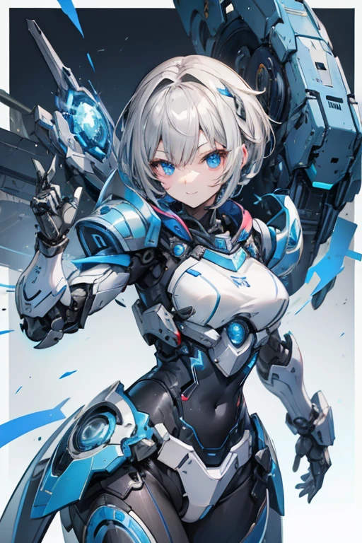 Female Android　Girl　masterpiece　Gray Hair　short　Blue armor　high school girl　Mechanical Combatant　whole body　smile