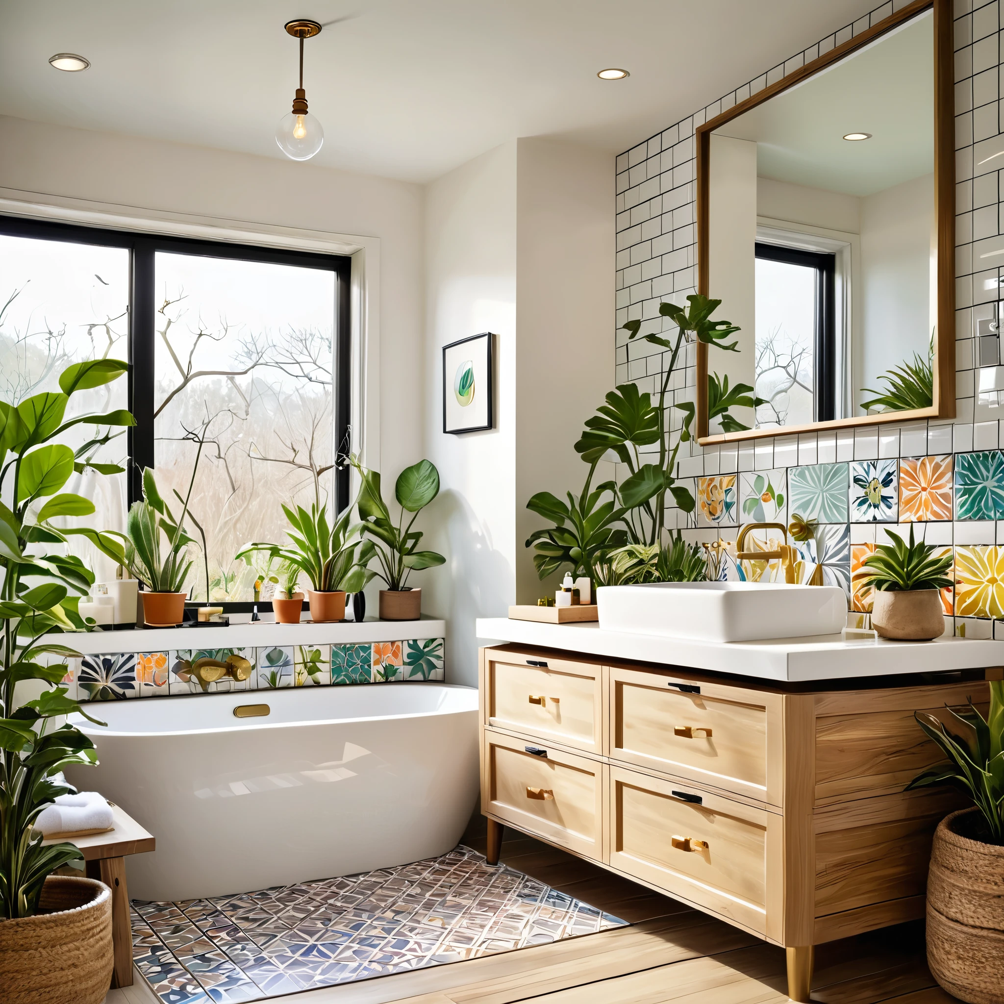 Design a cozy and vibrant bathroom featuring a mix of modern and natural elements. The room includes a white toilet, white subway tile walls, and a wooden vanity with a mirror above it. The floor is adorned with colorful patterned tiles. Add a variety of potted and hanging plants throughout the space to bring a touch of nature indoors. Ensure the room is well-lit with natural light coming through a window, creating a fresh and inviting atmosphere. Include small decorative items and toiletries on the vanity to complete the look
