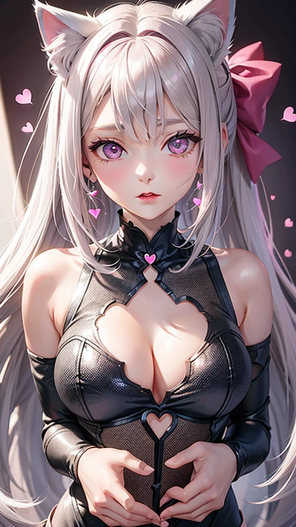 Silver hair, pink brown eyes, body, cat ears, girl, earrings, heart background fantasy, pink godly, hair bows