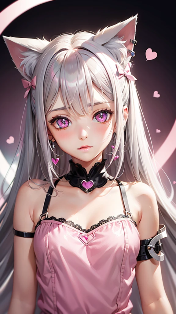 Silver hair, pink brown eyes, body, cat ears, girl, earrings, heart background fantasy, pink godly, hair bows
