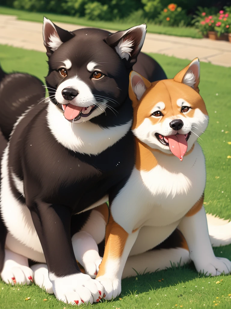 Highest Resolution,Highest quality,Shiba Inu,可愛いShiba Inu,Fluffy,Eating bait,smile,Drooling,Dripping saliva,Overflowing dripping,Iyashiba dog,garden,doghouse,grass,