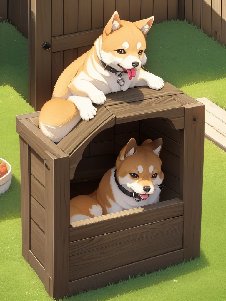 Highest Resolution,Highest quality,Shiba Inu,可愛いShiba Inu,Fluffy,Eating bait,smile,Drooling,Dripping saliva,Overflowing dripping,Iyashiba dog,garden,doghouse,grass,