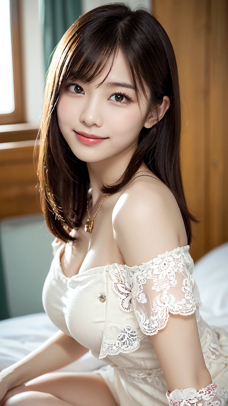 body、Full body Esbian、lying on bed, sexy model posing on bed, leaning back, Very small waist、(very big breasts:1.3)、plump thighs、natural skin、Extra-fine face、Refined Layered Hairstyle, extra thin hands, Very thin fingers, Best ratio、surreal, ((Feminine Lace Dress、Exposing too much skin、off shoulder、The length is short and the thighs are visible))、cheeks turn red、body covered in 、Cross Necklace、((18-year-old female:1.2))、young adorable japanese face, official art,Highly detailed CG Unity 8K wallpaper,(masterpiece:1.0),(highest quality:1.0), Super detailed, photo shoot, 8K, nffsw, High resolution, kodak portrait 400, film grain, lens flare glow,portrait shot,View viewer,((smilling))