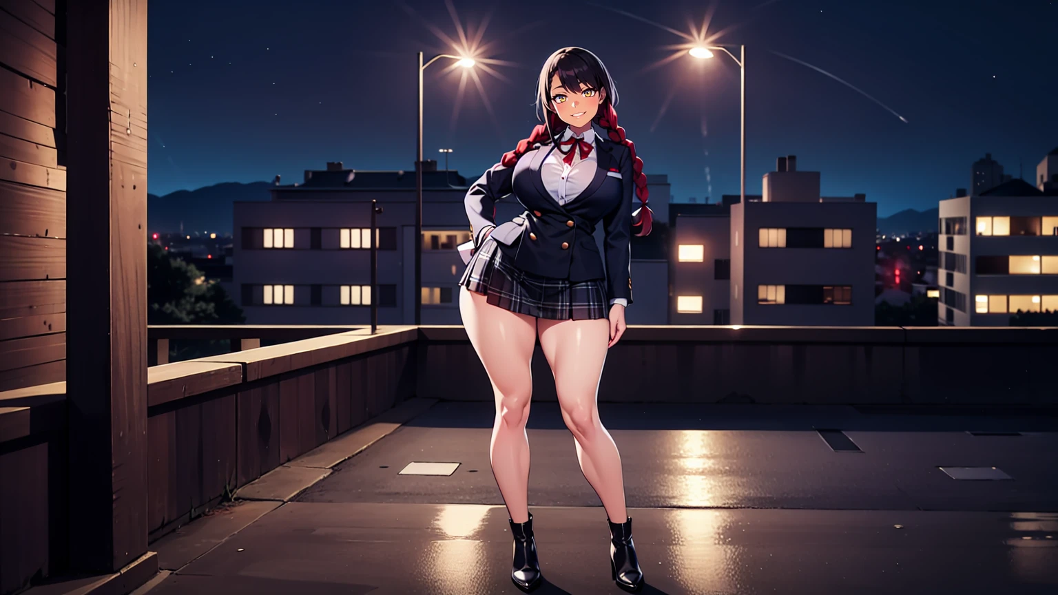 4K Quality, grinning, sexy pose, (black plaid skirt), standing up, ((black and red braids)), thick thighs, big breasted, big ass, looking at viewer, red eyes, night time, bedroom eyes, full body, city background, perfect face, perfect body, perfect eyes, full lips, glowing eyes, seductive smile, glowing light, anatomically correct,