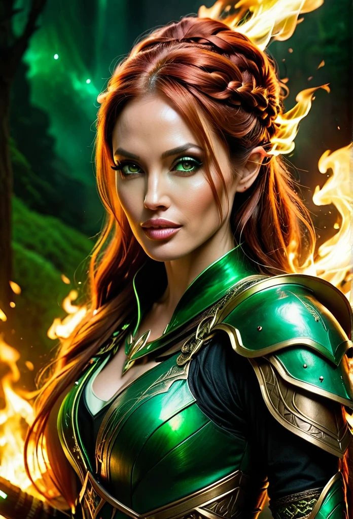 highly detailed photo of a red haired beautiful angelina jolie lookalike elf mage wearing green mage armor with her eyes glowing, long braided hair, lighting magic, inside fire, art concept, fantasy, portrait