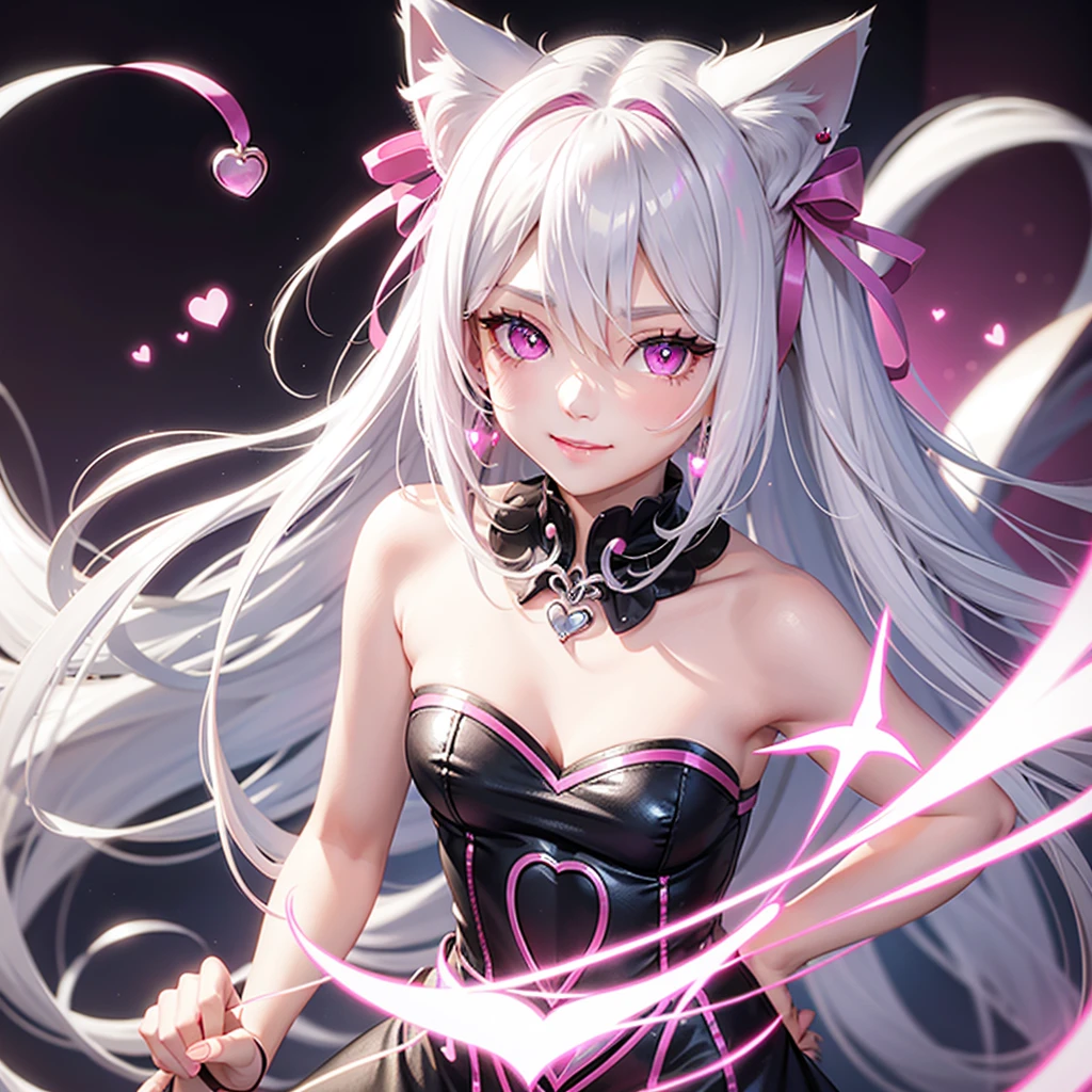 Silver hair, pink eyes, body, cat ears, girl, earrings, heart background fantasy, pink godly, hair bows, happy face