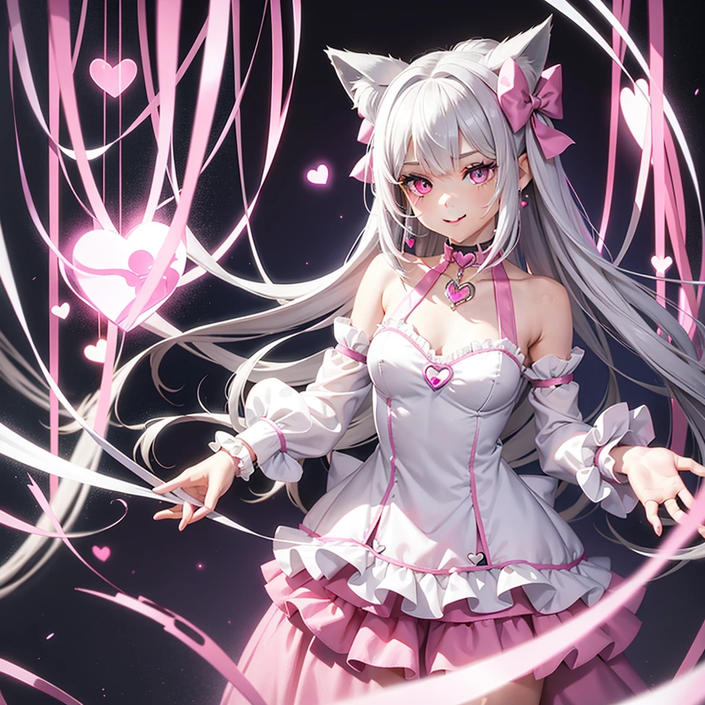 Silver hair, pink eyes, body, cat ears, girl, earrings, heart background fantasy, pink godly, hair bows, happy face