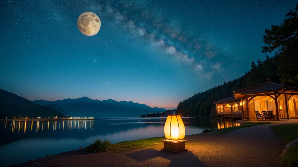 lake、lake畔、lakeに浮かぶ豪華な船、A large ship is visible nearby、Nice ship、The background is a starry sky、Magnificent starry sky、Big Moon、Big full moon、Magnificent moonlit night、A magnificent full moon、Fantasy、mysterious、Cinematic、8K、The lamp lights up、high resolution、Healing、Peaceful and sleepy、relax、Romantic mood。