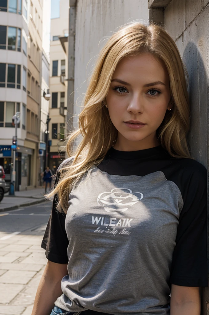 The beautiful girl wearing a t-shirt at the end of the street is named "Blonde Widow"