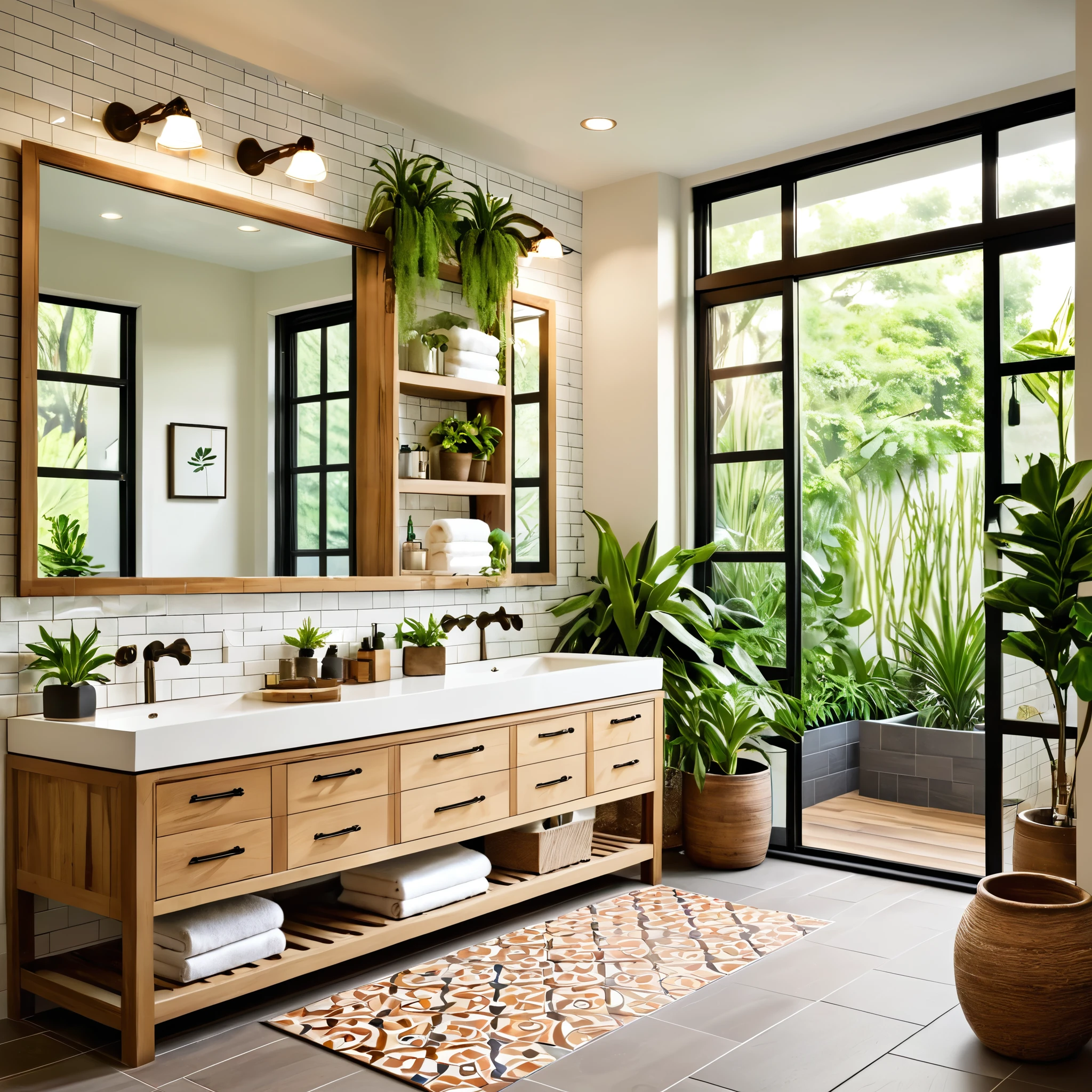 reate a warm and inviting bathroom that combines contemporary design with natural accents. The bathroom features a white toilet, white subway tiled walls, and a wooden vanity with a mirror. The floor is decorated with vibrant, patterned tiles. Incorporate a variety of indoor plants, both potted and hanging, to enhance the natural feel of the space. Ensure ample natural light fills the room through a window, highlighting the lush greenery and cozy decor. Add small decorative items on the vanity for a personalized touch