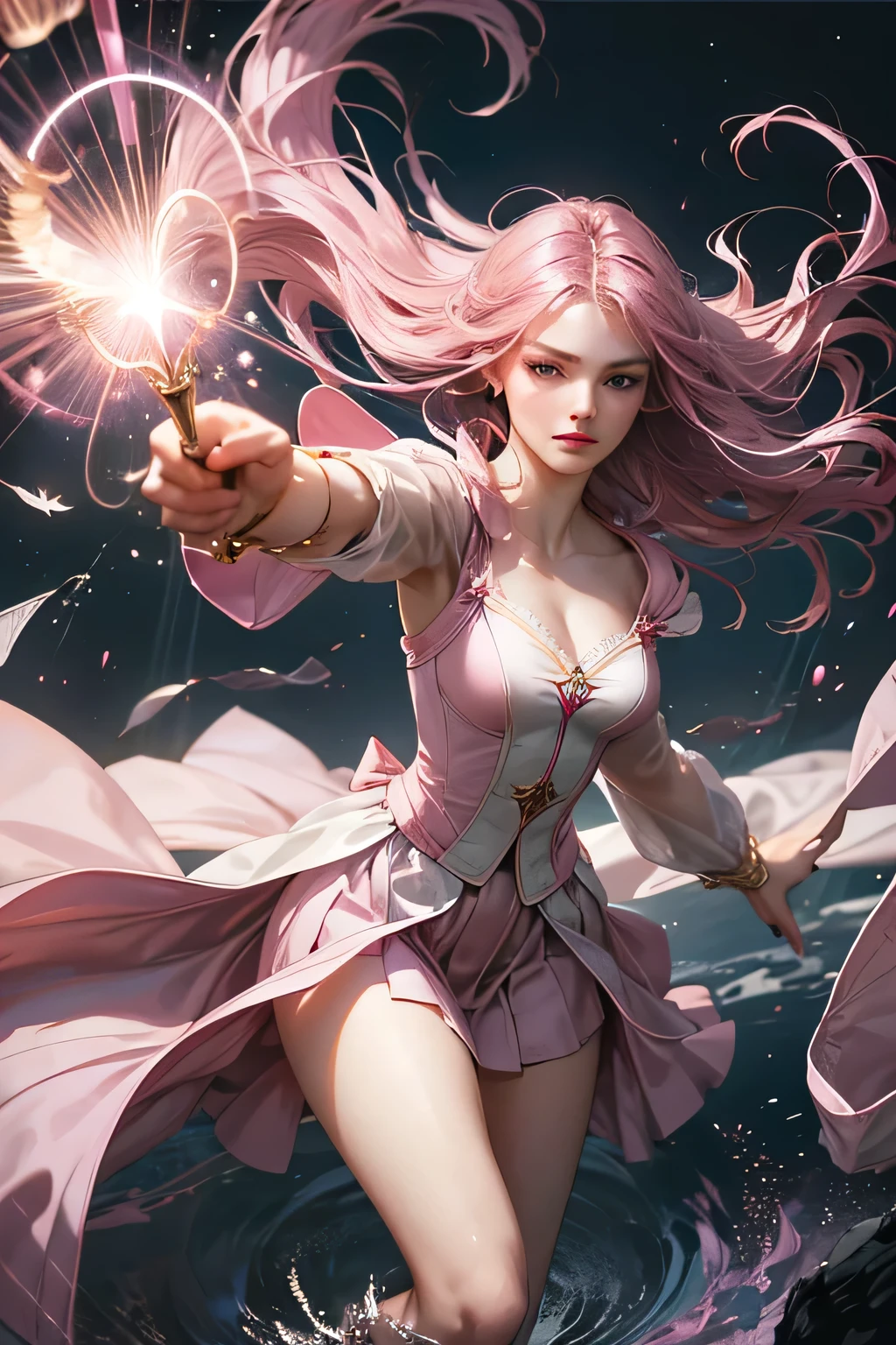 "Create an ultra-realistic image of a stunning 18-year-old girl holding an air magical staff that exudes the energy of the wind and sky. She should be dressed in a sophisticated, ((((((dark pink)))))) shaded outfit that contrasts beautifully with her airy element. Depict her surrounded by elements of air, such as swirling breezes, floating feathers, and gentle currents, to highlight her command over this element. Include a distinct air symbol on her body, signifying her role as the keeper of air and illustrating the powerful, ethereal energy of air she holds within her."