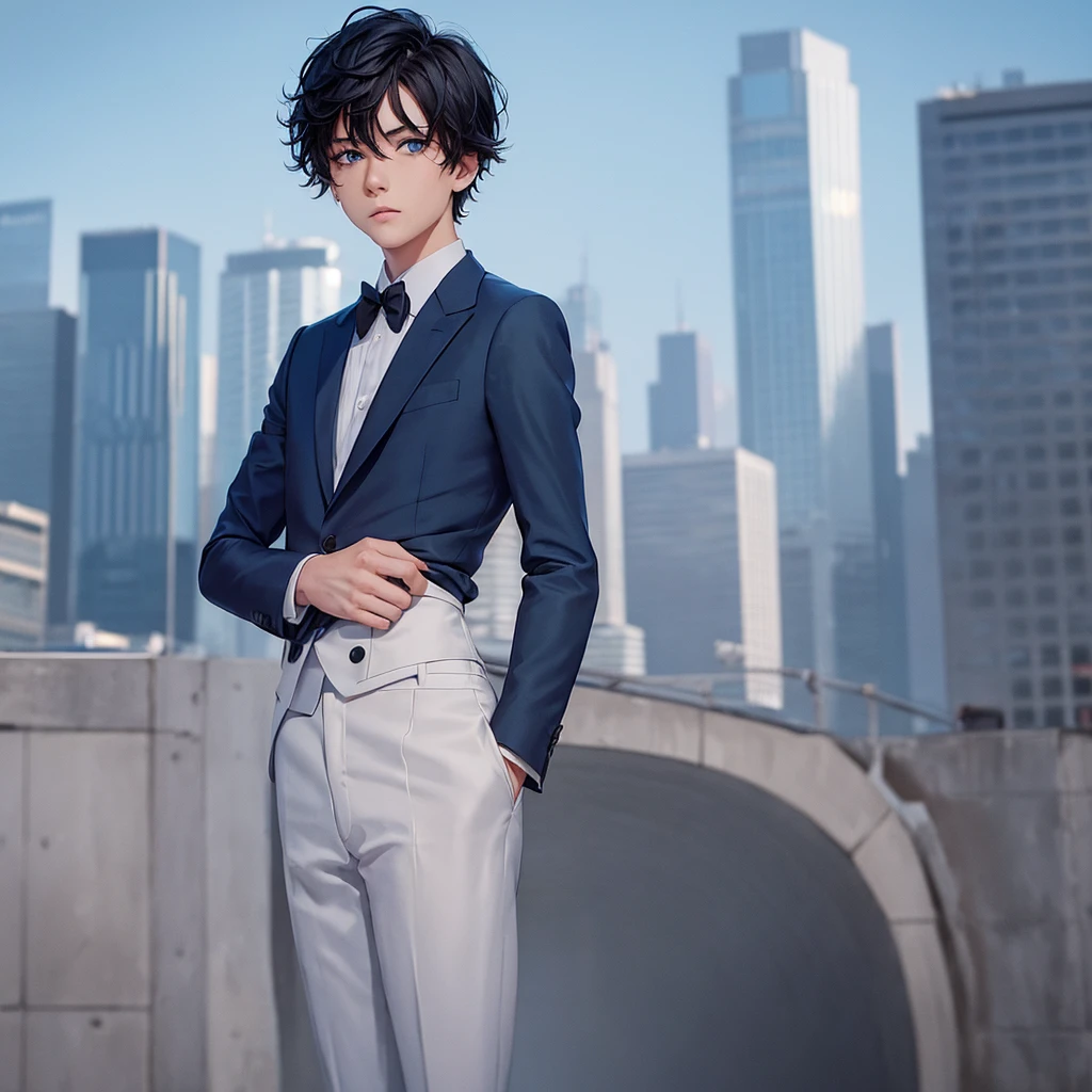 1boy, short black hair, light blue eyes, wearing all blue suits, on top of a building, high res, ultrasharp, 8k, masterpiece, looking at viewer from behind