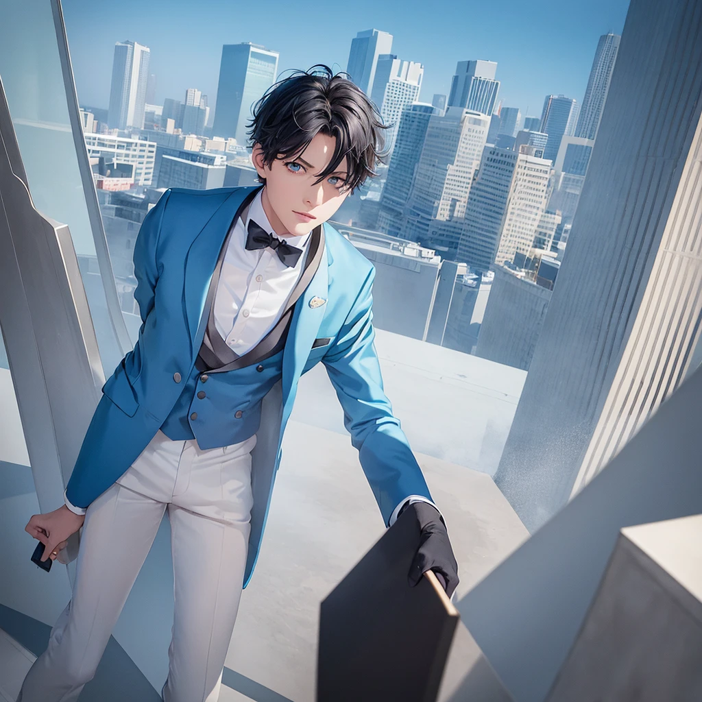 1boy, short black hair, light blue eyes, wearing all blue suits, on top of a building, high res, ultrasharp, 8k, masterpiece, looking at viewer from behind