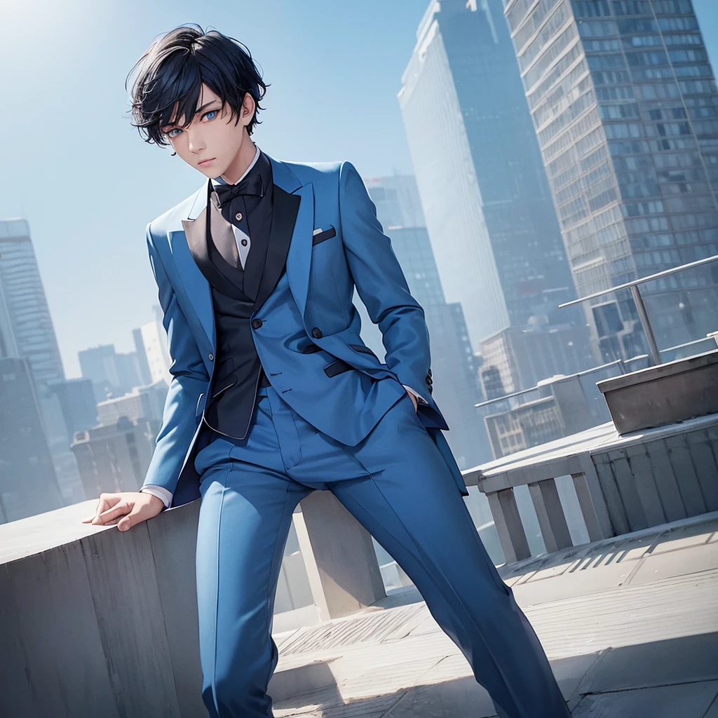1boy, short black hair, light blue eyes, wearing all blue suits, on top of a building, high res, ultrasharp, 8k, masterpiece, looking at viewer from behind