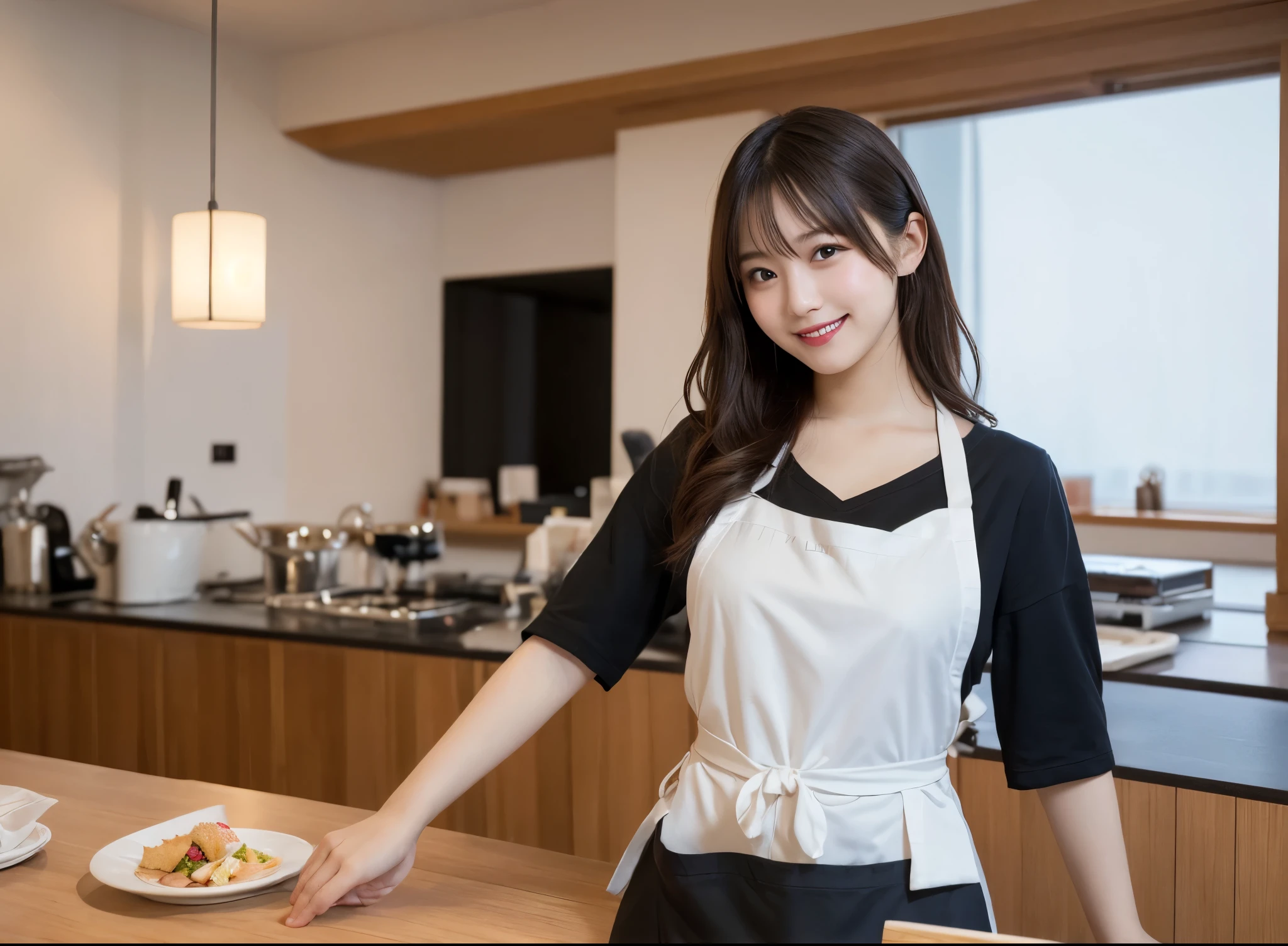 Tabletop, Highest quality, figure, Super detailed, In detail, High resolution, 8k wallpaper, Perfect dynamic composition, Beautiful attention to detail, apron,Medium Hair, ,Big ample breasts, Natural color lip, Random sexy poses,smile,Tokyo、20-year-old girl,cute,Full Body Lesbian、