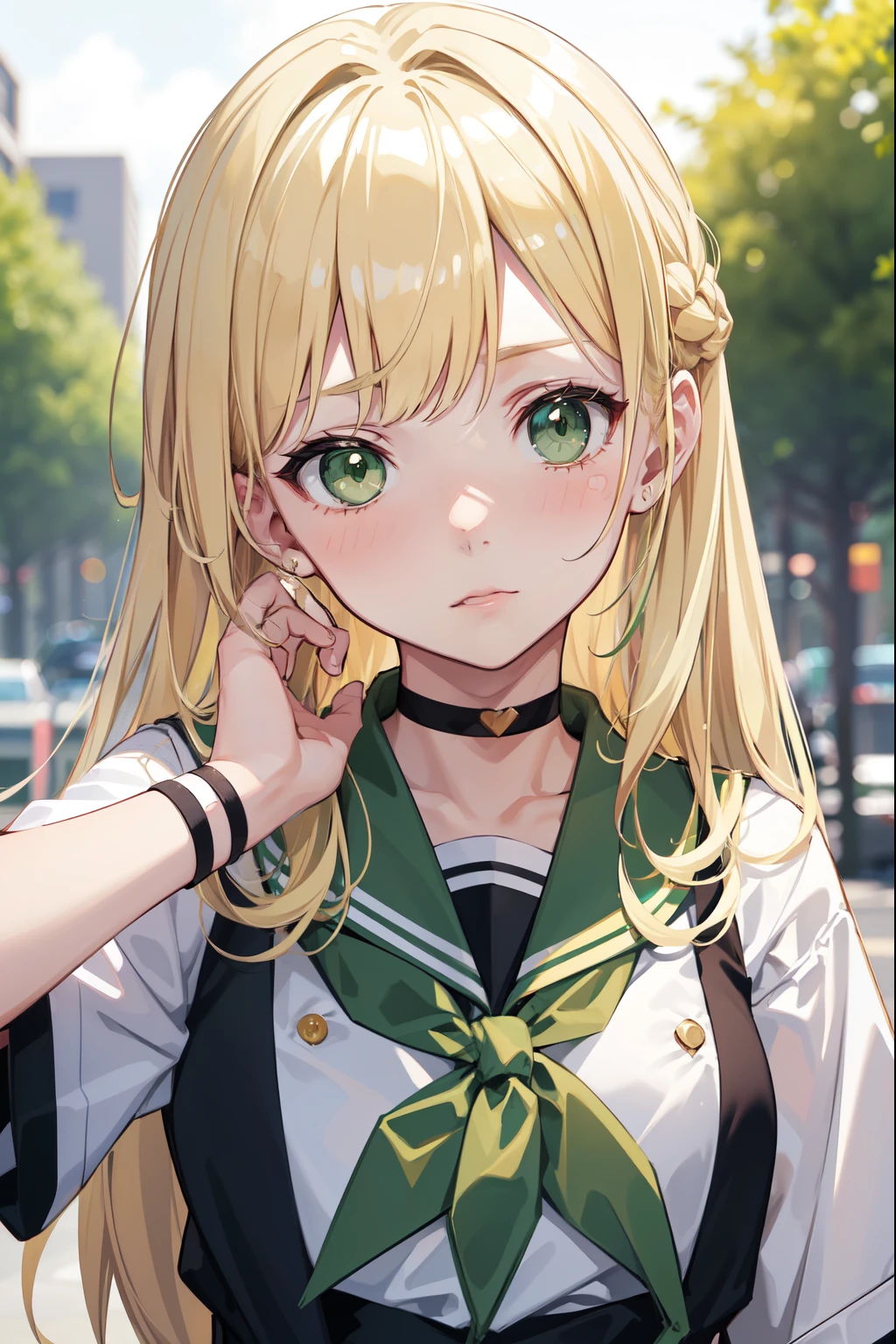 Blonde Hair, choker,(Green Eyes:1.5), Long Hair, high school student,Japanese school gym uniform,blush, blush stickers, Have,break looking at viewer, break outdoors, city, break (masterpiece:1.2), highest quality, High resolution, Unity 8k, (Beautiful fine details:1.6), Highly detailed face, Perfect lighting, Highly detailed CG, (Perfect hands, Perfect Anatomy),(Blush all over face, Embarrassing)