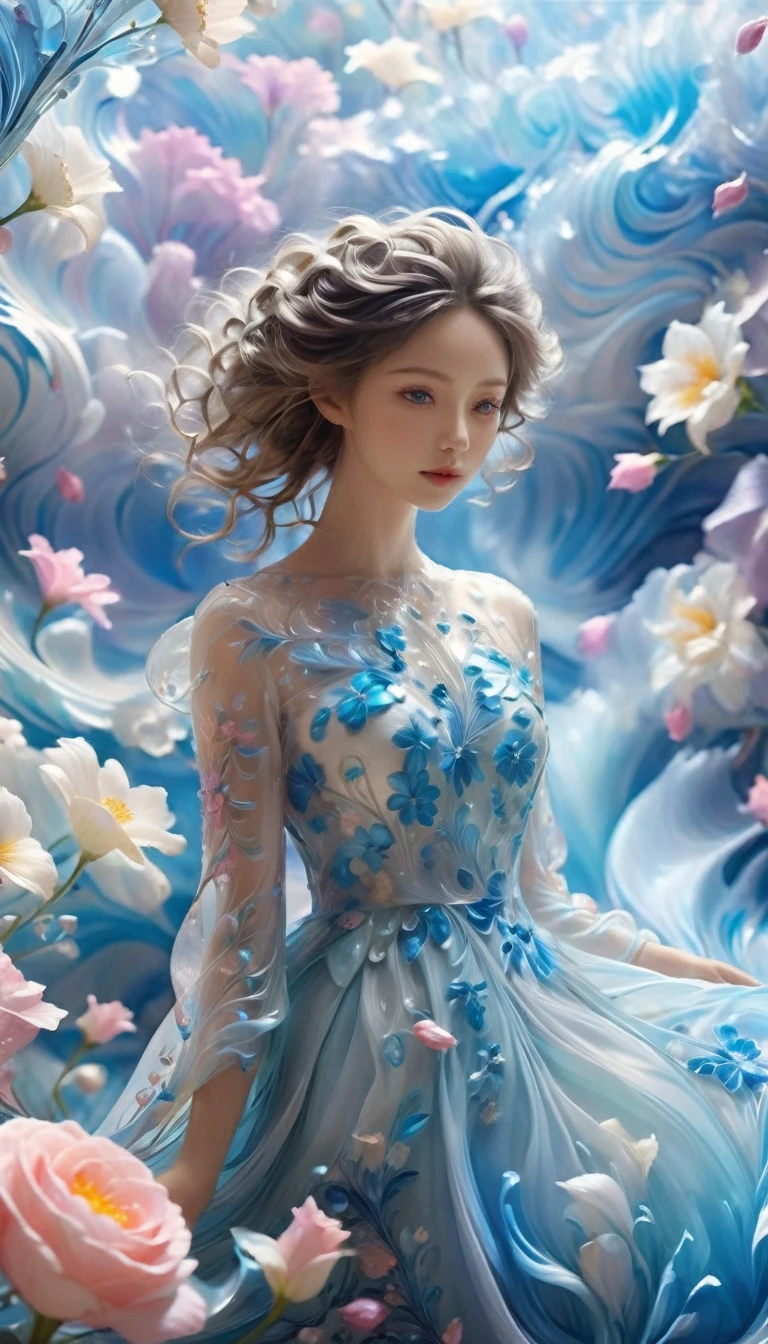 wallpaper,From below,best quality,32k,RAW photos,Ridiculous,Extremely detailed,Delicate texture,A huge wave of flowers and petals was swallowed up,fantasy,fairy tale,Pastel colors,Motion Blur,Action route,cinematic lighting,