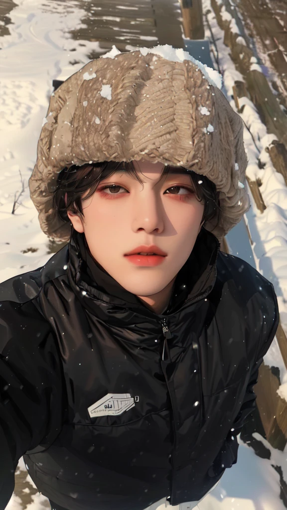 man in a black jacket and a brown hat standing in the snow, male ulzzang, taehyung, Kim Taehyung, adorable and pale korean face, Hong Jun Hyung, profile image, inspired by hyung tae, headshot profile imageture, ulzzang, inspirado em Kim Taehyung bts boy, na neve, south korean man