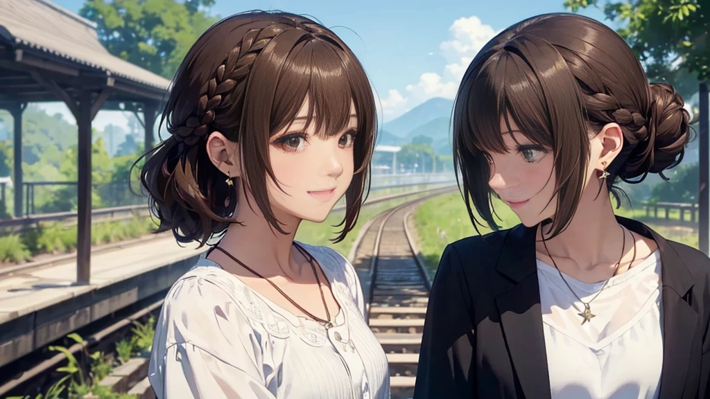 1 female、Walking along the abandoned railway line、Mountain、tunnel、Railway bridge、Fresh greenery(Highest quality:1.2),Highest quality、masterpiece、High resolution)、、((Right beside、Woman profile、))、(Detailed depiction of a beautiful face)、Suit jacket、A kind smile、Medium Short Hair、Brown Hair、Braiding、、 information(Highest quality:1.2)、Very detailed、High resolution、masterpiece:1,2、Bright colors、Bokeh、Professional Lighting、Physically Based Rendering、Flat Color:0.8、Fine Illustration、Realistic:1.37、Makoto Shinkai style、Name Style、Light Brown Hair、Elegant update、Short Bob、Young woman、Laugh together、Dynamic poselip、cheek(Dark Brown Hair/)bangs、cheek(direction)、(最高masterpiece1.2)繊細なイラストVery detailed、Break Blue Sky、Detailed Background、、、A shy smile、Through clenched teeth、Clench your teeth、lip、cheek(Flat Color: 0.8)、(masterpiece: 1,2)、(masterpiece: 1,2)、High resolution、超High resolution、Highest quality、High resolution、Ultra-thin illustration、Makoto Shinkai style、Your Name is Style、long hair、Short Bob、necklace、Earrings、Dynamic pose、Selfie、whole body、Brown Hair、Braiding、Hair Bun、ponytail・Hair Bunスタイル、necklace、Valletta、ribbon、Earrings・アニキュア,