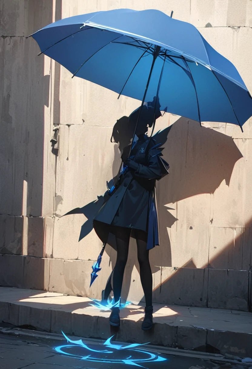 Create a super detailed, best quality, High-resolution masterpiece depicting a shadow element,There is a non-human figure,Holding an umbrella, Radiating blue energy,Perfect shadow, High quality shadows, Reality,