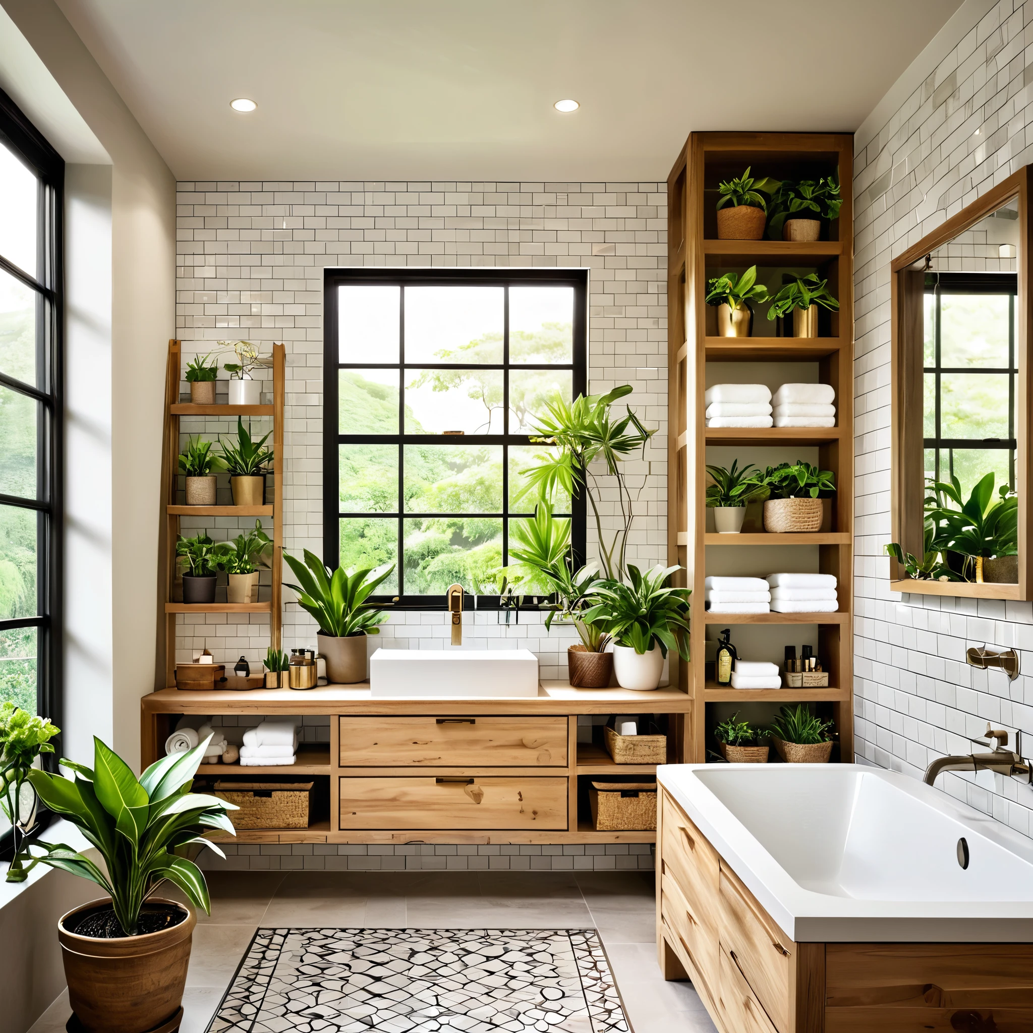 reate a warm and inviting bathroom that combines contemporary design with natural accents. The bathroom features a white toilet, white subway tiled walls, and a wooden vanity with a mirror. The floor is decorated with vibrant, patterned tiles. Incorporate a variety of indoor plants, both potted and hanging, to enhance the natural feel of the space. Ensure ample natural light fills the room through a window, highlighting the lush greenery and cozy decor. Add small decorative items on the vanity for a personalized touch