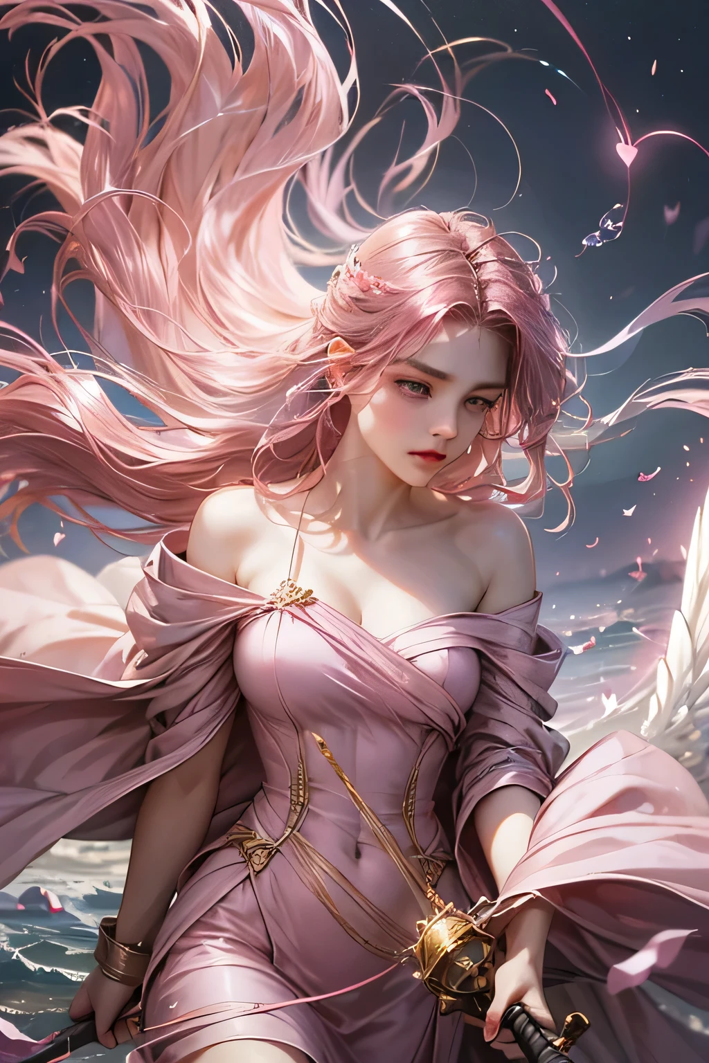 "Create an ultra-realistic image of a stunning 18-year-old girl holding an air magical staff that exudes the energy of the wind and sky. She should be dressed in a sophisticated, ((((((dark pink)))))) shaded outfit that contrasts beautifully with her airy element. Depict her surrounded by elements of air, such as swirling breezes, floating feathers, and gentle currents, to highlight her command over this element. Include a distinct air symbol on her body, signifying her role as the keeper of air and illustrating the powerful, ethereal energy of air she holds within her."