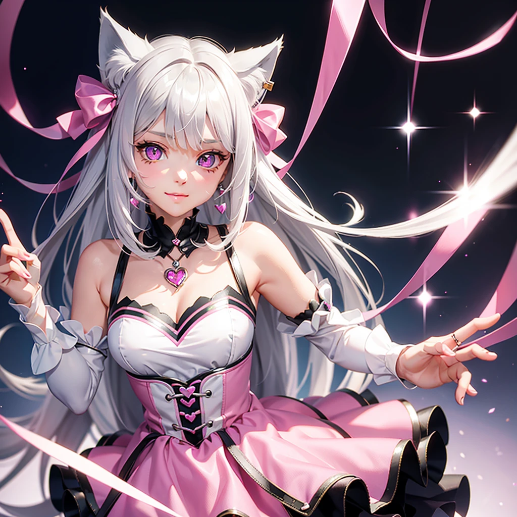 Silver hair, pink eyes, body, cat ears, girl, earrings, heart background fantasy, princess, godly, hair bows,  happy face