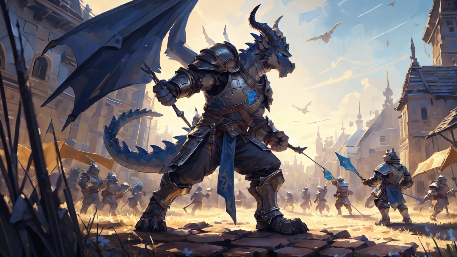 ((middle Ages:1.3,Range background:1.5)),Royal Family:1.2,((Heavy Crossbowman:1.6,Heavy Crossbow:1.5)),((sunny:1.4)),high resolution,4K,(((whole body:1.1,Strike a pose:1.5))),masterpiece,high quality,((dragon)),male,dragonFurry,(teenager:1.3),hairy,((Heroic and Calm:1.4)),(((Slender face:1.2,Lean:1.2,Long legs:1.3,Thick dragon tail:1.2))),(((Gray head:1.2,Blue pupils:1.2,neck:1.3,Gray Hands:1.4,muscle:1.3))),(((White Armor:1.3,There is a blue flag on the armor:1.4))),Exquisite eyes,Detailed body,Detailed hands,Detailed feet,Kenket's Art