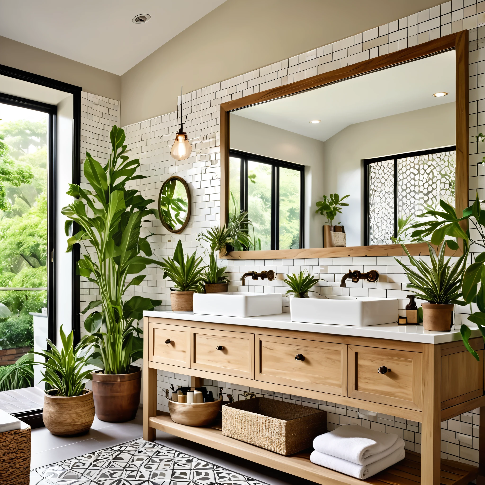reate a warm and inviting bathroom that combines contemporary design with natural accents. The bathroom features a white toilet, white subway tiled walls, and a wooden vanity with a mirror. The floor is decorated with vibrant, patterned tiles. Incorporate a variety of indoor plants, both potted and hanging, to enhance the natural feel of the space. Ensure ample natural light fills the room through a window, highlighting the lush greenery and cozy decor. Add small decorative items on the vanity for a personalized touch