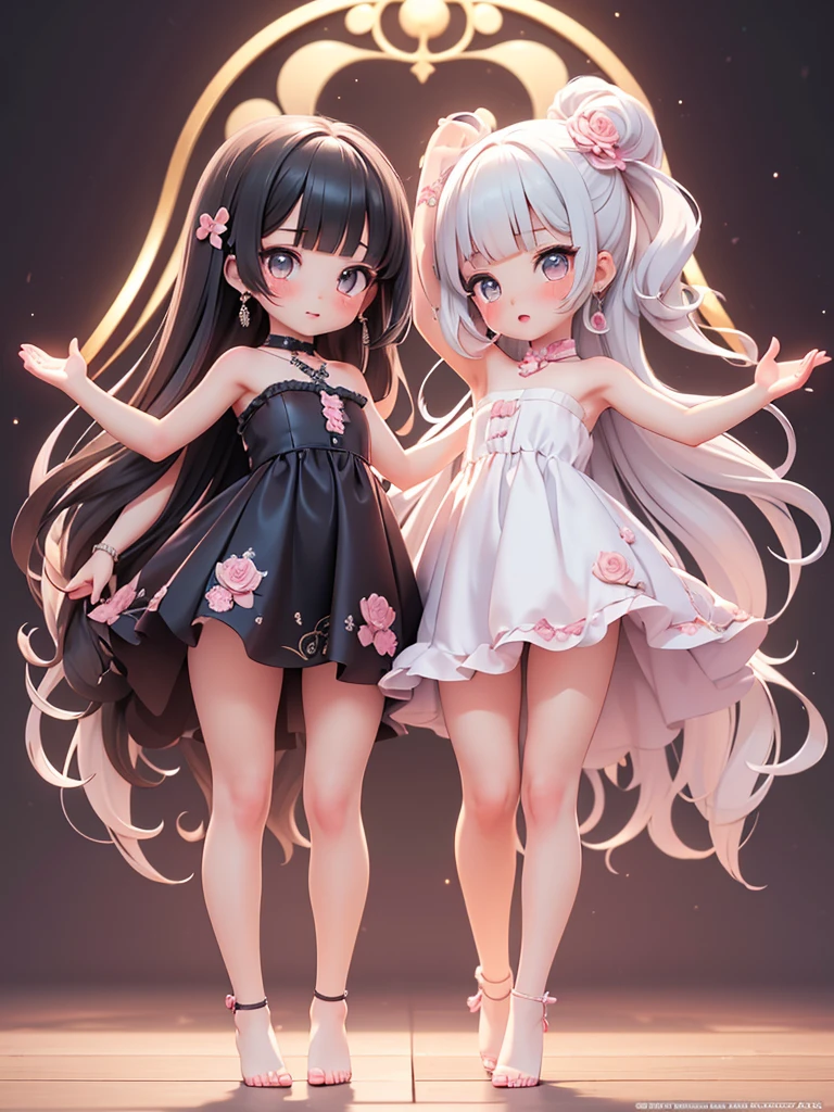 (((bishojo, two girls))), ((kawaii  face)), ((kawaii  eyes)), (masterpiece), (top quality), (hyper detailed), (exquisite), (depth), (crisp), (8k), (beautiful and aesthetic), (super detailed skin), (high standard), (high resolution), (perfect anatomy), ((full body)), (nose blush), (bare foot), ((armpits)), (blunt bangs), (earrings), (strapless dress), (lipstick)