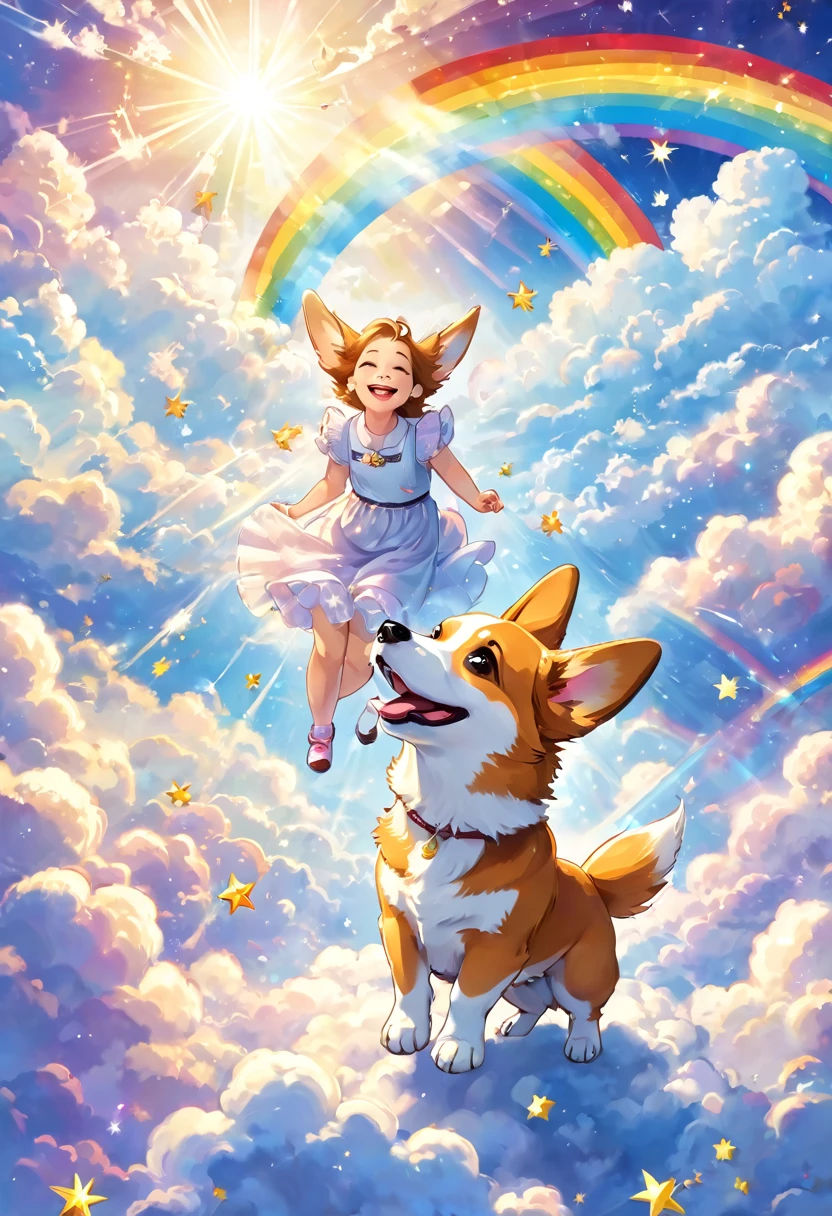 Angel playing with a corgi on the clouds, smile, joy, heaven, white clouds, surrounded by white light, shooting stars, rainbow