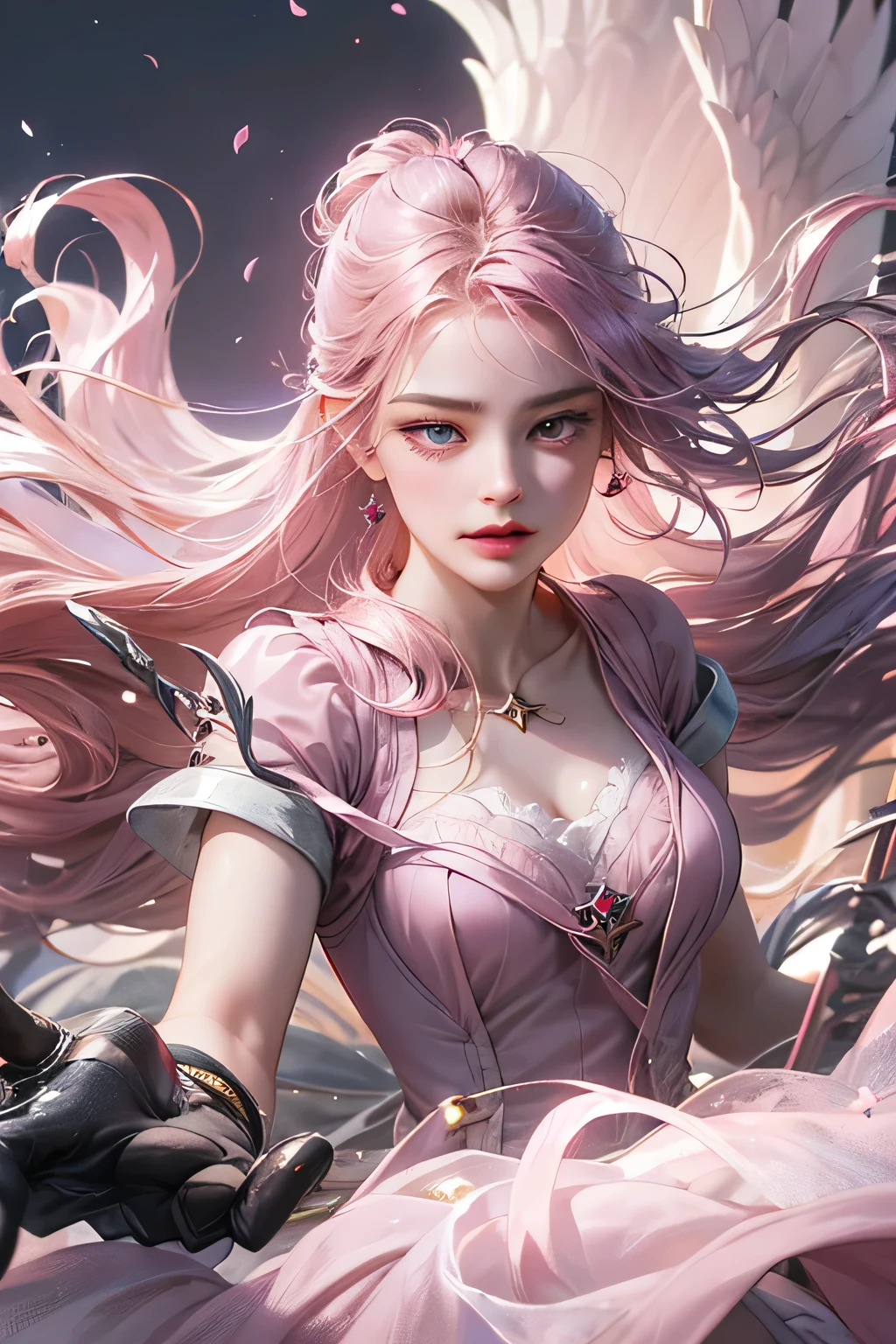 "Create an ultra-realistic image of a stunning 18-year-old girl holding an air magical staff that exudes the energy of the wind and sky. She should be dressed in a sophisticated, ((((((dark pink)))))) shaded outfit that contrasts beautifully with her airy element. Depict her surrounded by elements of air, such as swirling breezes, floating feathers, and gentle currents, to highlight her command over this element. Include a distinct air symbol on her body, signifying her role as the keeper of air and illustrating the powerful, ethereal energy of air she holds within her."