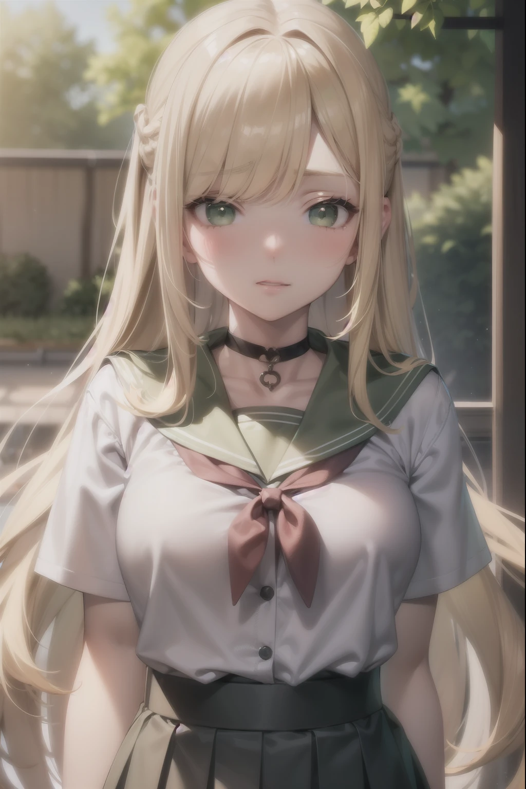 Blonde Hair, choker,(Green Eyes:1.5), Long Hair, high school student,Japanese school gym uniform,blush, blush stickers, Have,break looking at viewer, break outdoors, city, break (masterpiece:1.2), highest quality, High resolution, Unity 8k, (Beautiful fine details:1.6), Highly detailed face, Perfect lighting, Highly detailed CG, (Perfect hands, Perfect ???????),(Blush all over face, Embarrassing)