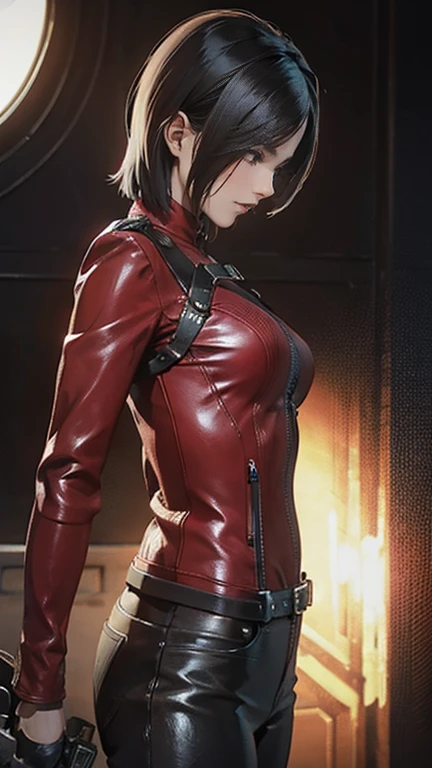 A beautiful 25 year old British female vampire mercenary with short dark hair, Pale skin, Wearing a red leather jacket and tight black pants, Carrying dual pistols, View from the front, Waist up shot, Dynamic pose, Ambient Lighting, Photographic realism, Intricate facial details, Exquisite handcrafted details, Very detailed, Vibrant colors, Cinematic, High resolution, Trending Style Raw on Artstation