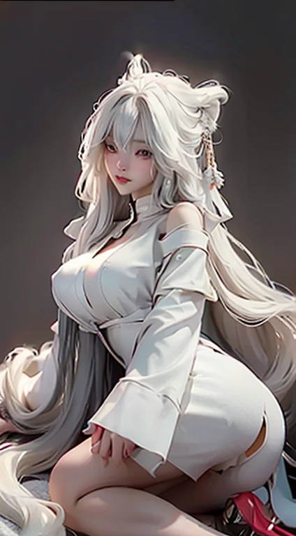 A woman with very long white hair, naked, sitting with legs spread, beautiful pussy, very big tits, pussy juice,