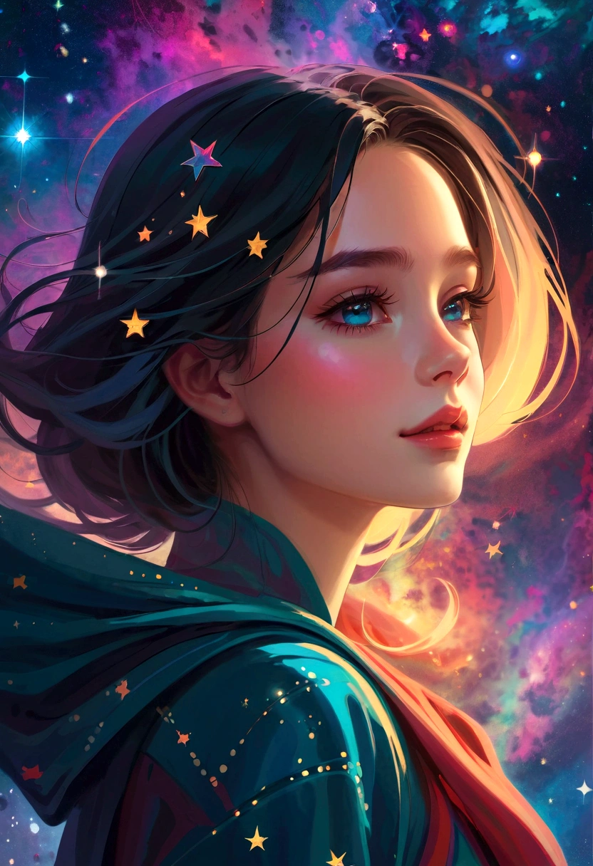 High Detail, Super Detail, Ultra-high resolution, Girl enjoying time in fantasy galaxy, Surrounded by stars, The warm light shines on her, Background is starry sky，There are colorful galaxies and galaxy clouds, Stars flew around her, Delicate face, Add a fun atmosphere , 