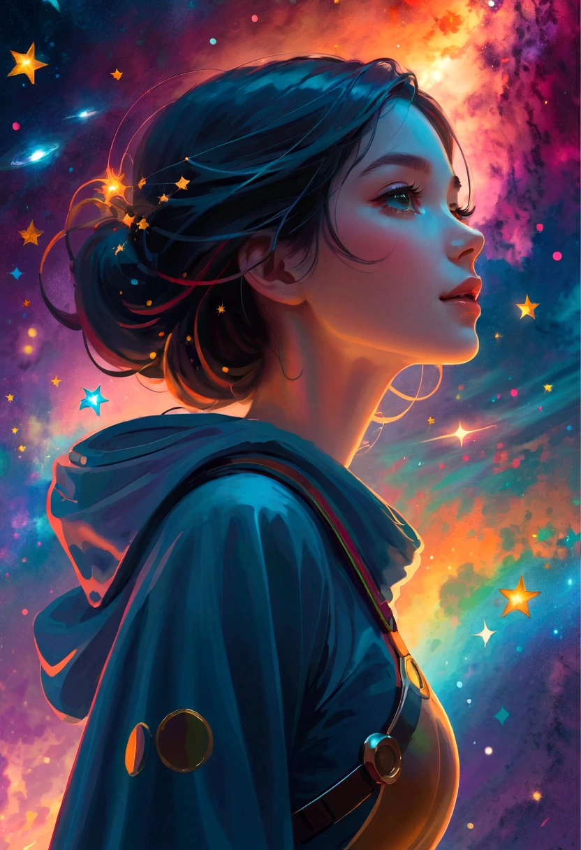 High Detail, Super Detail, Ultra-high resolution, Girl enjoying time in fantasy galaxy, Surrounded by stars, The warm light shines on her, Background is starry sky，There are colorful galaxies and galaxy clouds, Stars flew around her, Delicate face, Add a fun atmosphere , 