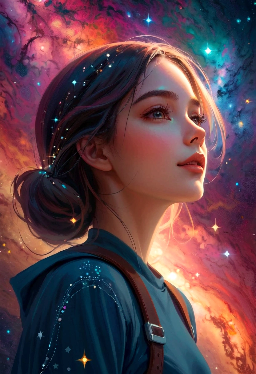 High Detail, Super Detail, Ultra-high resolution, Girl enjoying time in fantasy galaxy, Surrounded by stars, The warm light shines on her, Background is starry sky，There are colorful galaxies and galaxy clouds, Stars flew around her, Delicate face, Add a fun atmosphere , 