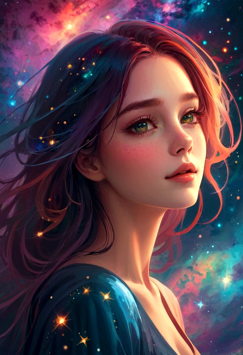 High Detail, Super Detail, Ultra-high resolution, Girl enjoying time in fantasy galaxy, Surrounded by stars, The warm light shines on her, Background is starry sky,There are colorful galaxies and galaxy clouds, Stars flew around her, Delicate face, Add a fun atmosphere ,
