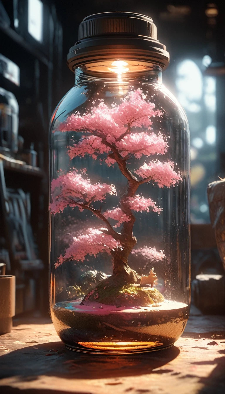 Cherry tree in a bottle, Fluffy, Practical, Atmospheric light refraction, Photo by Lee Jeffries, Nikon d850 film stock photos 4 Kodak portra 400 camera f1.6 Guns, rich and colorful, ultra Practical Practical textures, Dramatic Lighting, Unreal Engine Trends 800 on artstation cinestill, Style - Glass