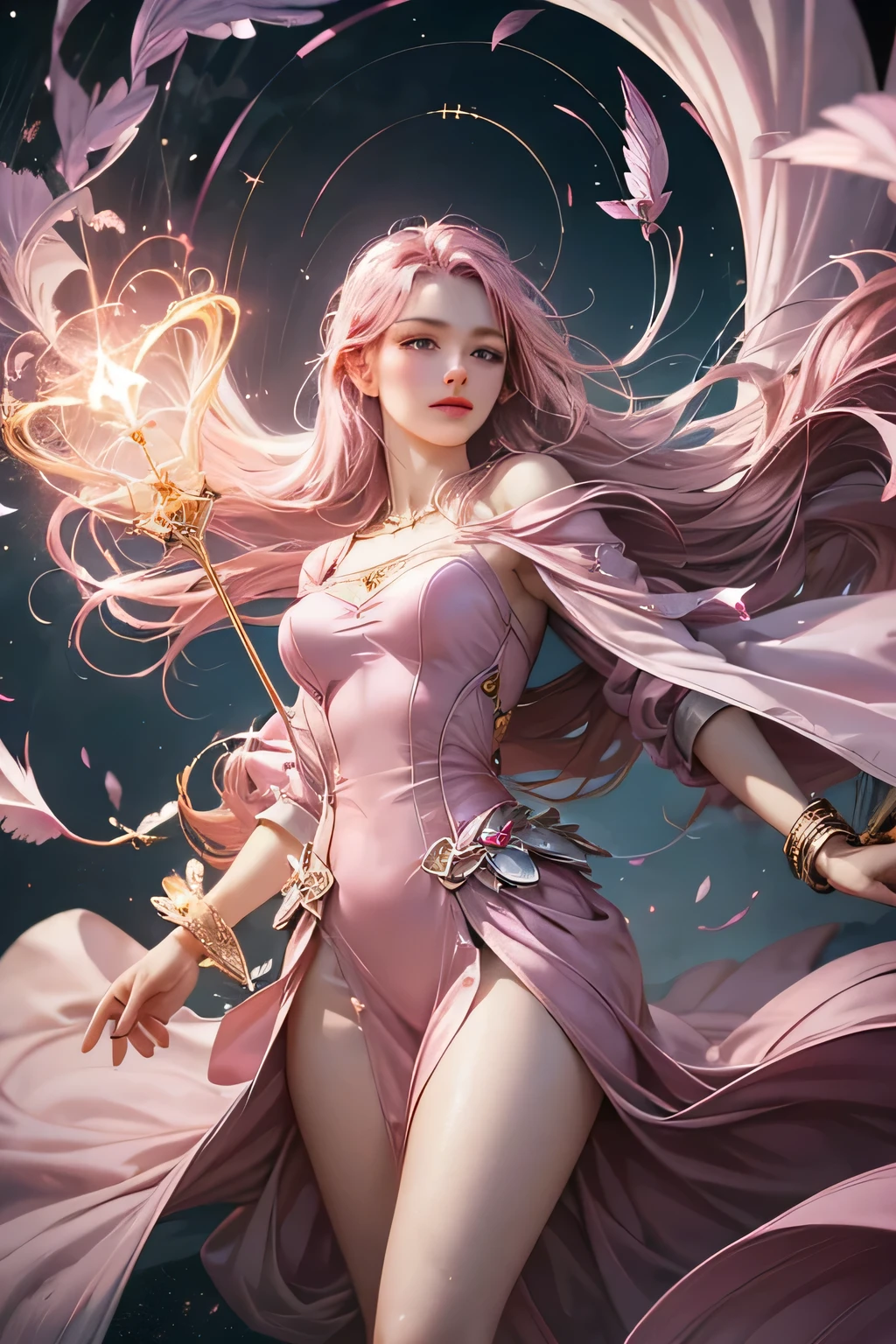 "Create an ultra-realistic image of a stunning 18-year-old girl holding an air magical staff that exudes the energy of the wind and sky. She should be dressed in a sophisticated, ((((((dark pink)))))) shaded outfit that contrasts beautifully with her airy element. Depict her surrounded by elements of air, such as swirling breezes, floating feathers, and gentle currents, to highlight her command over this element. Include a distinct air symbol on her body, signifying her role as the keeper of air and illustrating the powerful, ethereal energy of air she holds within her."