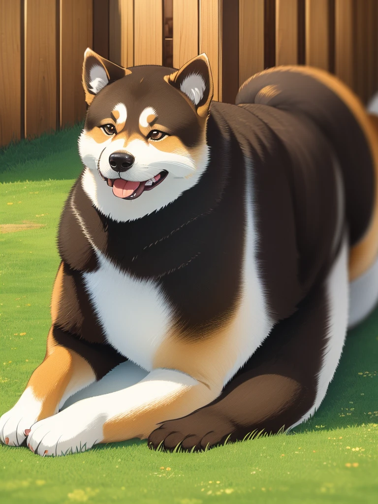 Highest Resolution,Highest quality,Shiba Inu,可愛いShiba Inu,Fluffy,smile,Drooling,Dripping saliva,Overflowing saliva,Iyashiba dog,garden,doghouse,grass,