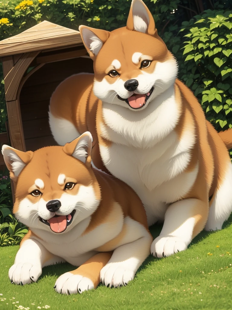Highest Resolution,Highest quality,Shiba Inu,可愛いShiba Inu,Fluffy,smile,Drooling,Dripping saliva,Overflowing saliva,Iyashiba dog,garden,doghouse,grass,