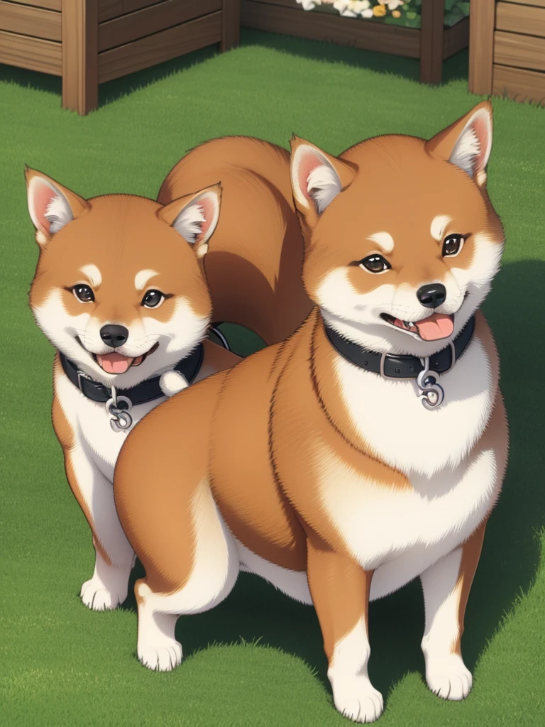 Highest Resolution,Highest quality,Shiba Inu,可愛いShiba Inu,Fluffy,smile,Drooling,Dripping saliva,Overflowing saliva,Iyashiba dog,garden,doghouse,grass,