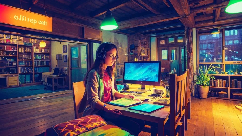 European hippie girl studying in the room, dream, Wear headphones, night lighting, Neon scenery on a rainy day, Analog Color Theme, Lo-fi Hip Hop , review, flat, 2.5D ,Draw a line, Ink painting, Large slope, Watercolor, Goosh Colors, Studio Ghibli style, Great colorful, Outerton, Krautlock, Lofi Art,Old Texture, amplitude,Psychedelic atmosphere, masterpiece, Great technology,