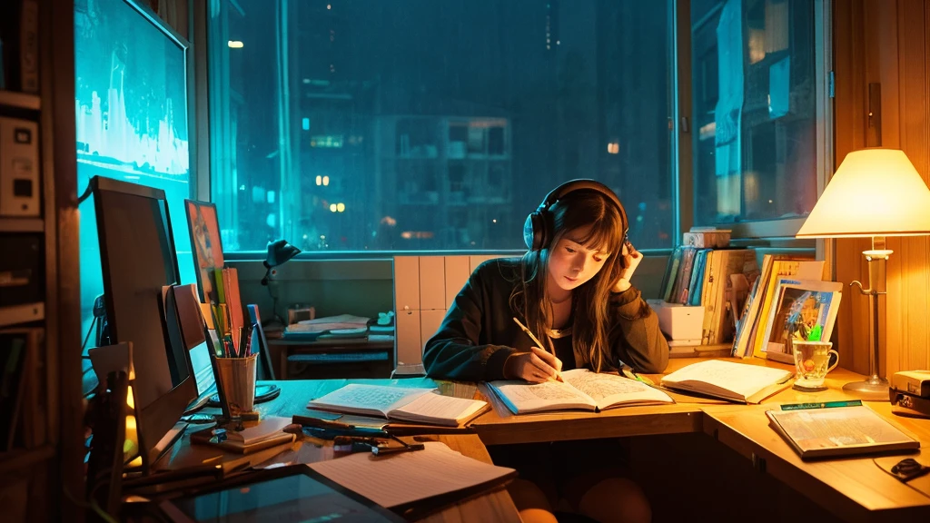 European hippie girl studying in the room, dream, Wear headphones, night lighting, Neon scenery on a rainy day, Analog Color Theme, Lo-fi Hip Hop , review, flat, 2.5D ,Draw a line, Ink painting, Large slope, Watercolor, Goosh Colors, Studio Ghibli style, Great colorful, Outerton, Krautlock, Lofi Art,Old Texture, amplitude,Psychedelic atmosphere, masterpiece, Great technology,