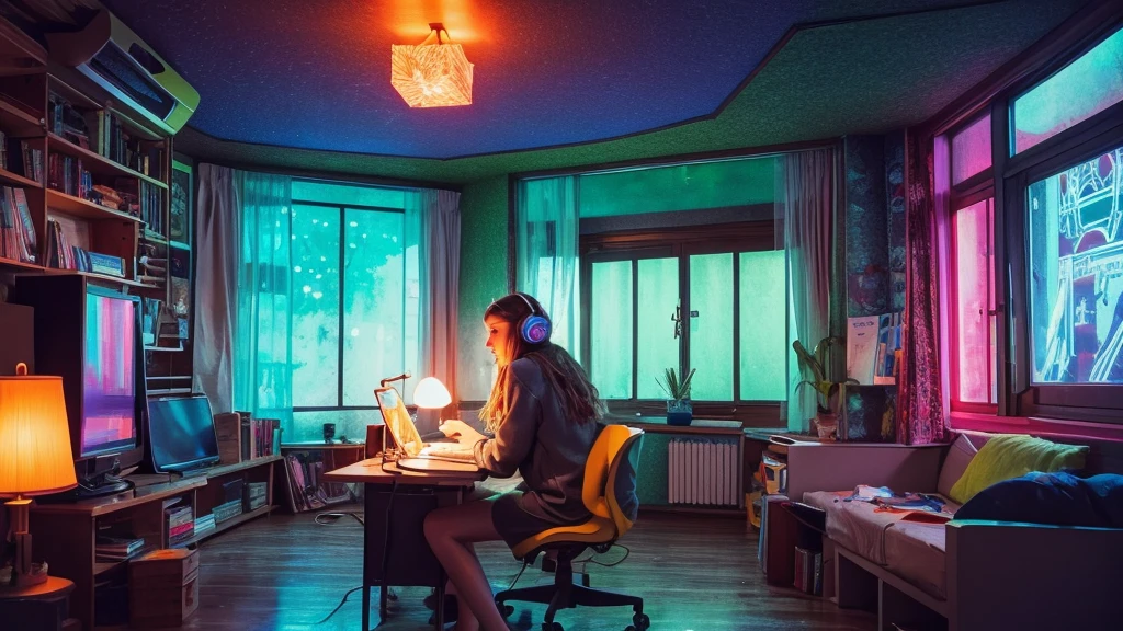 European hippie girl studying in the room, dream, Wear headphones, night lighting, Neon scenery on a rainy day, Analog Color Theme, Lo-fi Hip Hop , review, flat, 2.5D ,Draw a line, Ink painting, Large slope, Watercolor, Goosh Colors, Studio Ghibli style, Great colorful, Outerton, Krautlock, Lofi Art,Old Texture, amplitude,Psychedelic atmosphere, masterpiece, Great technology,